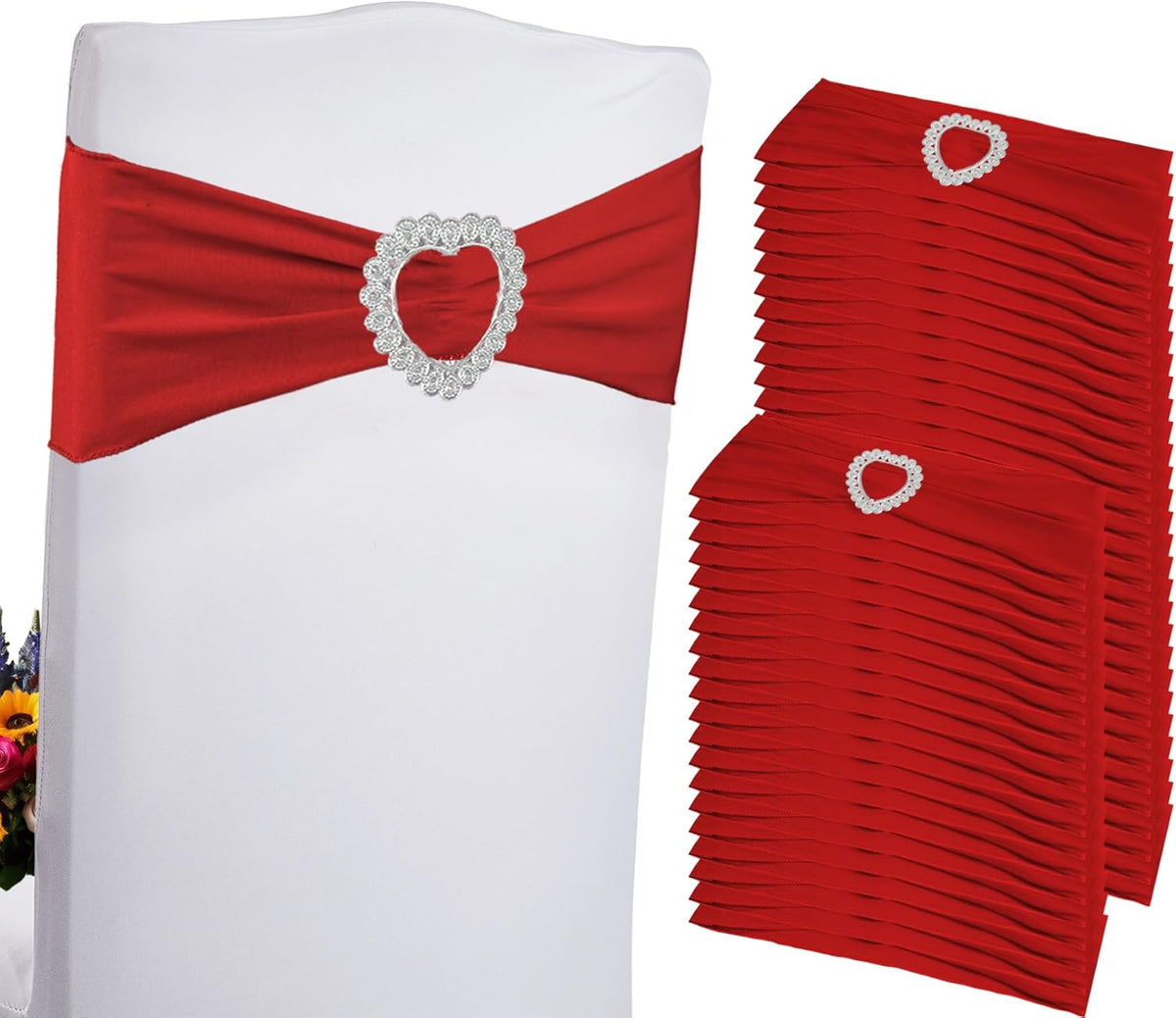 100PCS Spandex Stretch Red Chair Sashes Bows Universal Elastic Chair Cover Bands Ties with Buckle