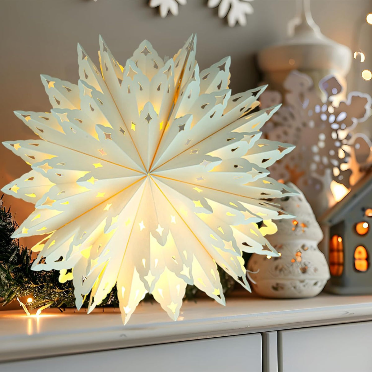 5 Pack Christmas Paper Snowflake Lanterns, Christmas Paper Star Lantern with LED Light White