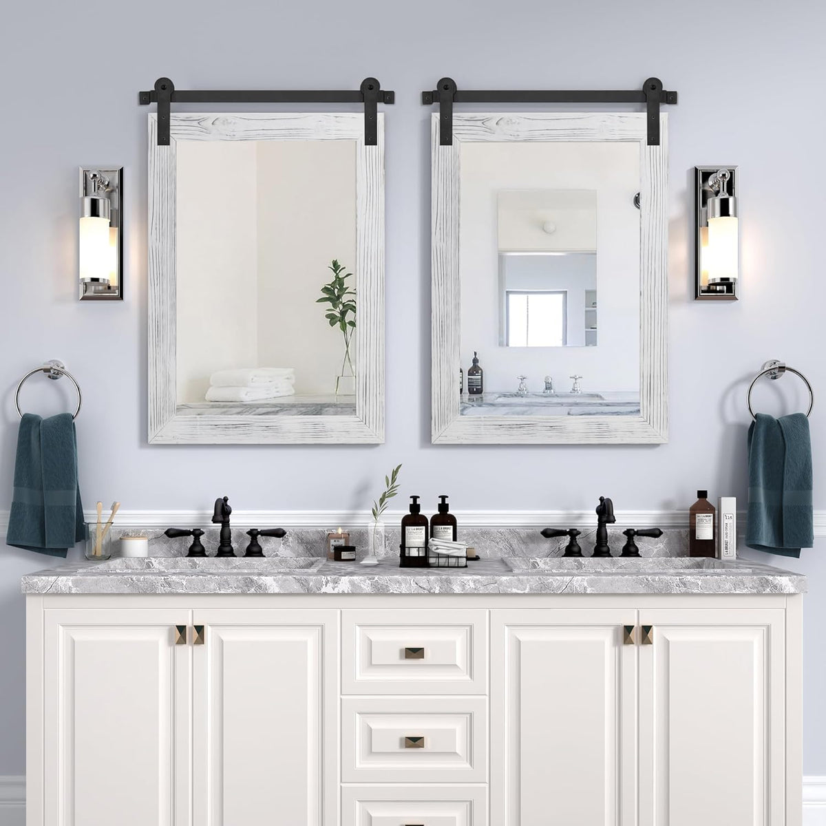 COGOOD Farmhouse Bathroom Mirror - 30 x 21 Rustic Wood Framed Wall Barn Door Mirror for Entryway