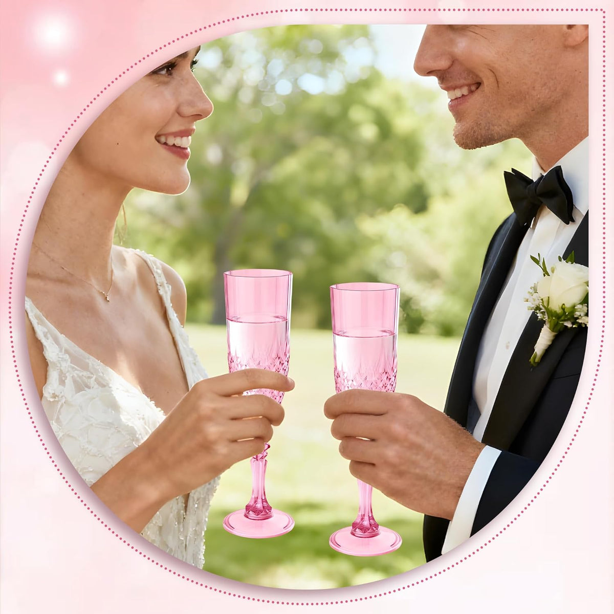 Plastic Champagne Flutes, 24PCS Pink Wine Glasses Goblets Cups Reusable Flute, for Weddings