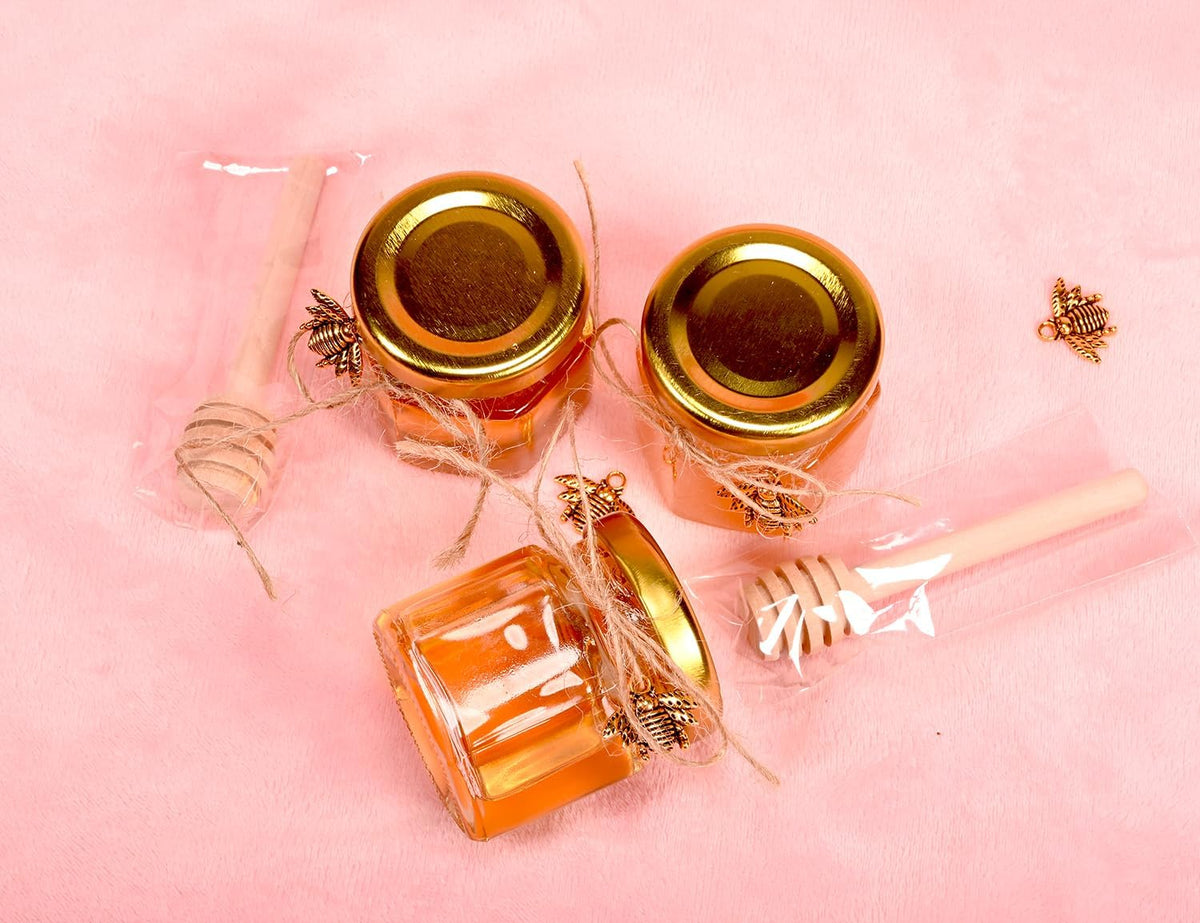 Honey Pot, Glass Honey Jars, Small Honey Jars with Wooden Dippers, Bee Charms, Gold Gift Bags and