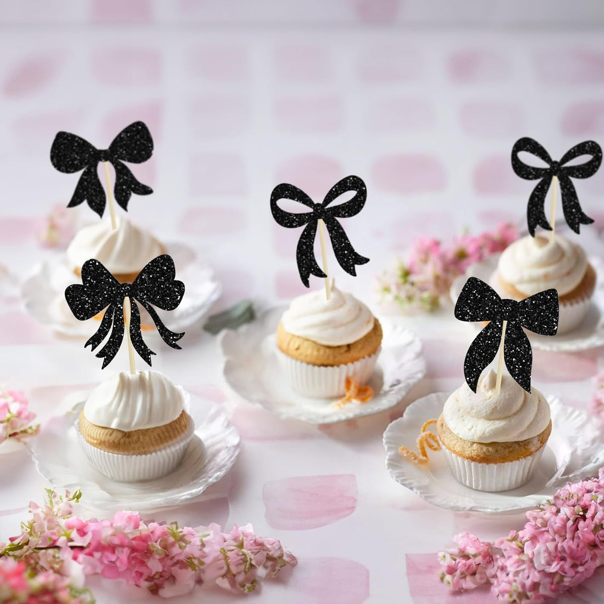Gyufise 36Pcs Bow Cupcake Toppers Glitter Girls Birthday Decorations Bowknot Cupcake Picks Bow Tie