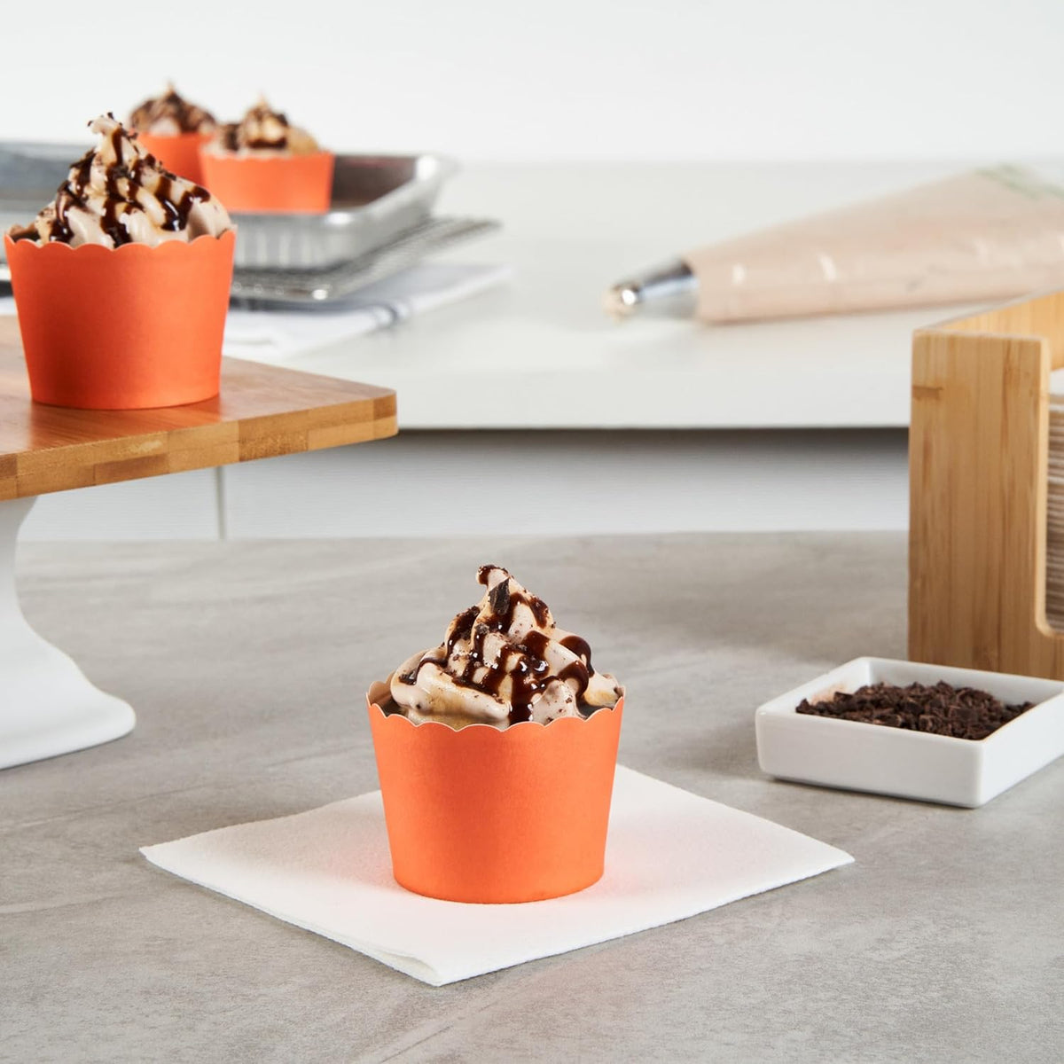 Panificio 3 Ounce Cupcake Wrappers, 200 Scalloped Baking Cups - Oven-Ready, Greaseproof, Orange