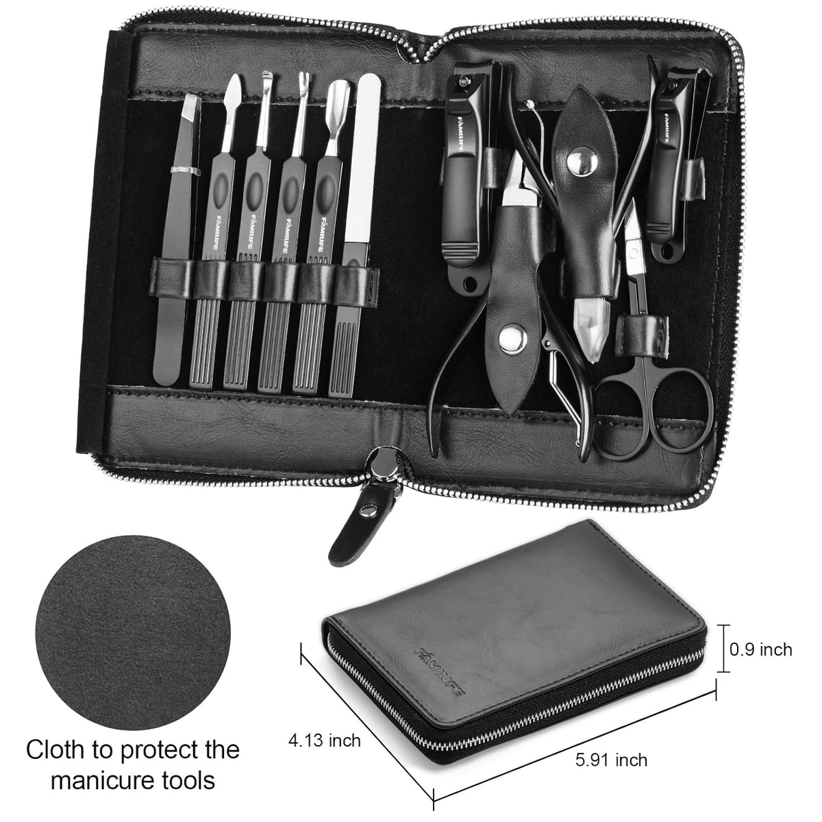 FAMILIFE Professional Manicure Set, Manicure Kit, Nail Clippers Set, 11 in 1 Stainless Steel Black