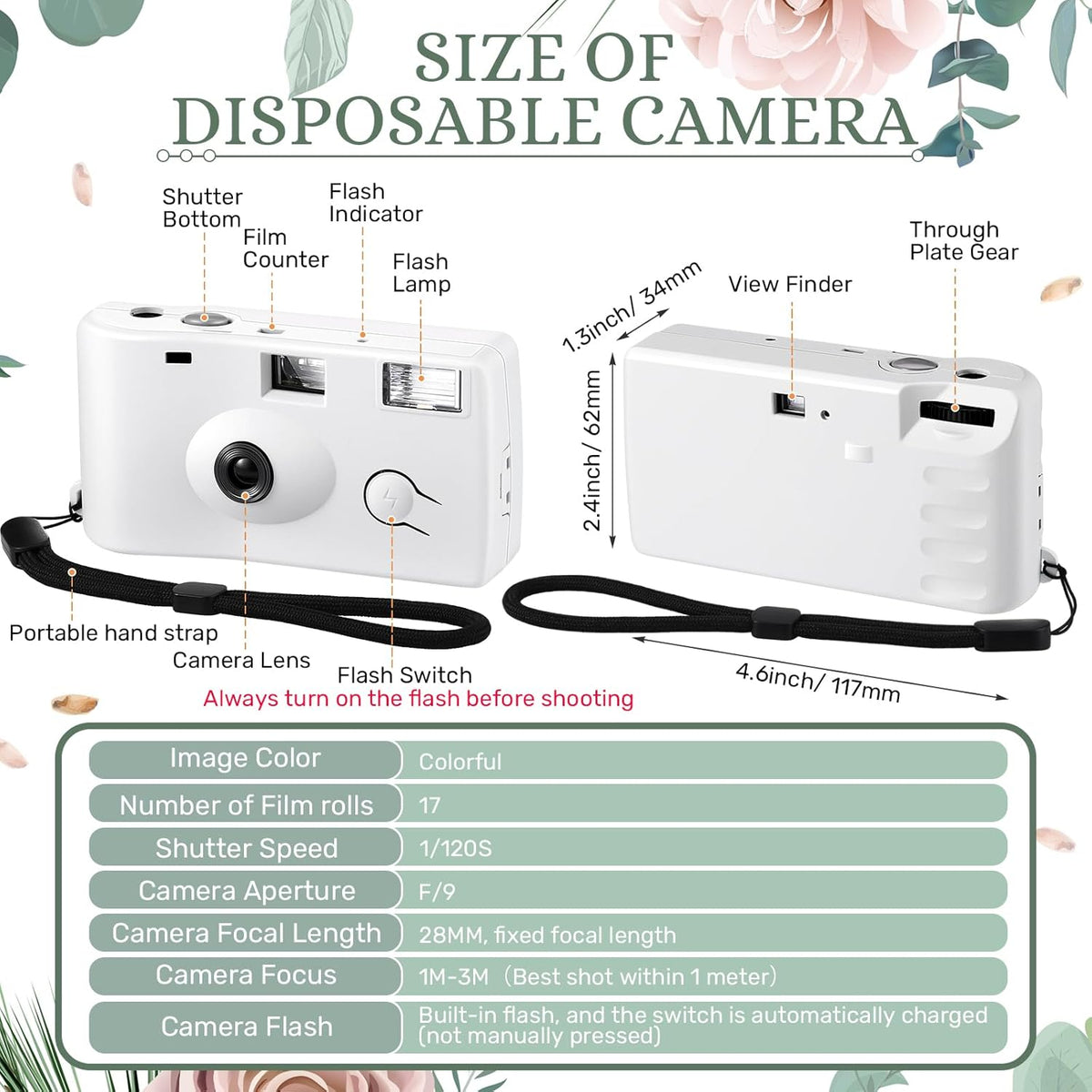 Treela 2 Pcs White Disposable Camera for Wedding Flash Film Camera 35mm 200ISO 17 Film Single Use