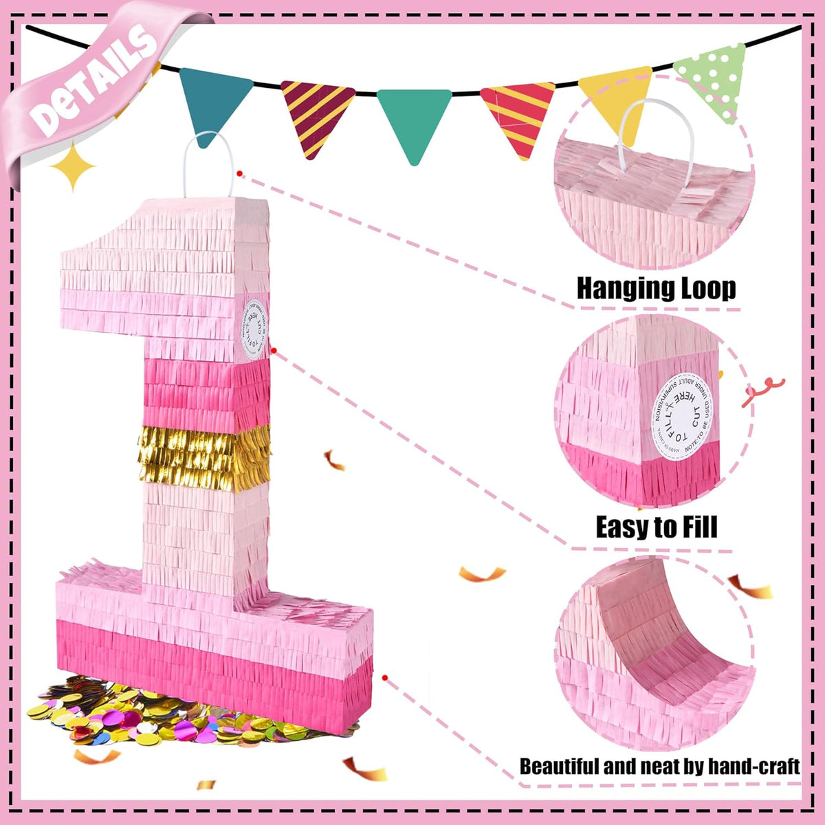 PCFING 20 Inch Number 1 Piñata Pink Gold with 30 Inch Piñata Stick Blindfold Confetti for Boys