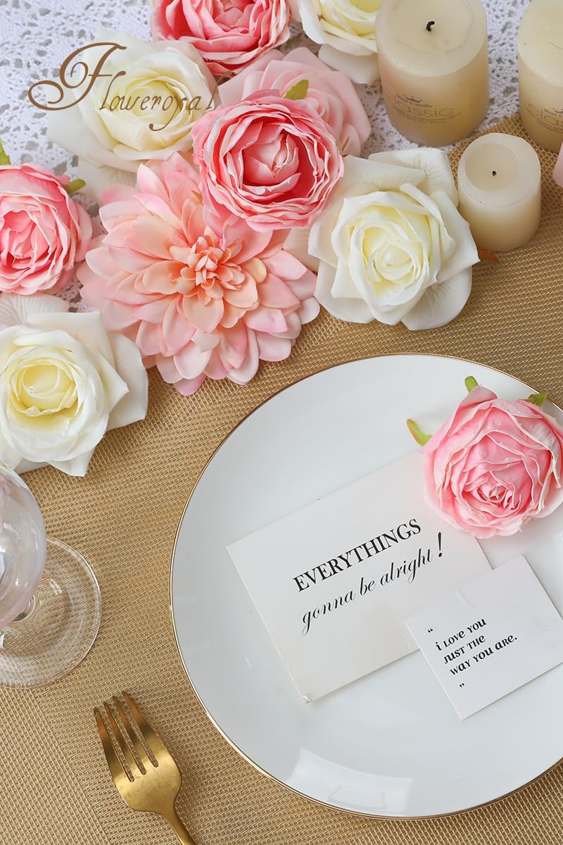 Floweroyal Pink Artificial Flowers Fake Rose Flowers Dahlia with Stems for DIY Wedding Bridal