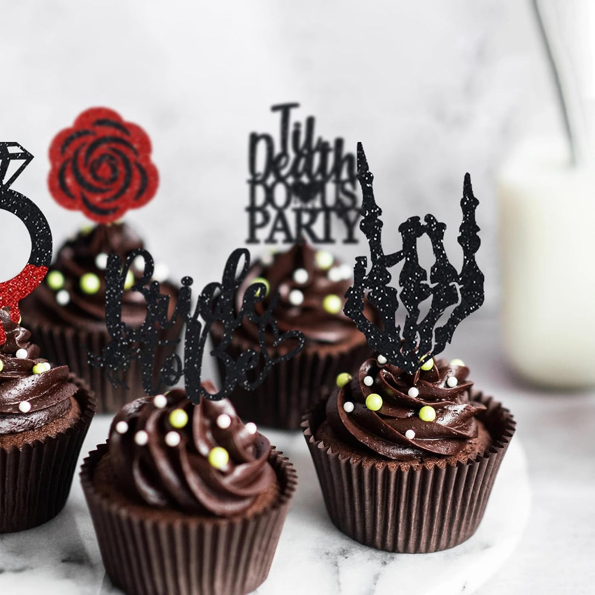 Halloween Bachelorette Cupcake Topper Bride To Be Ring Skeleton Hand Heart Blood Glitter Food Picks