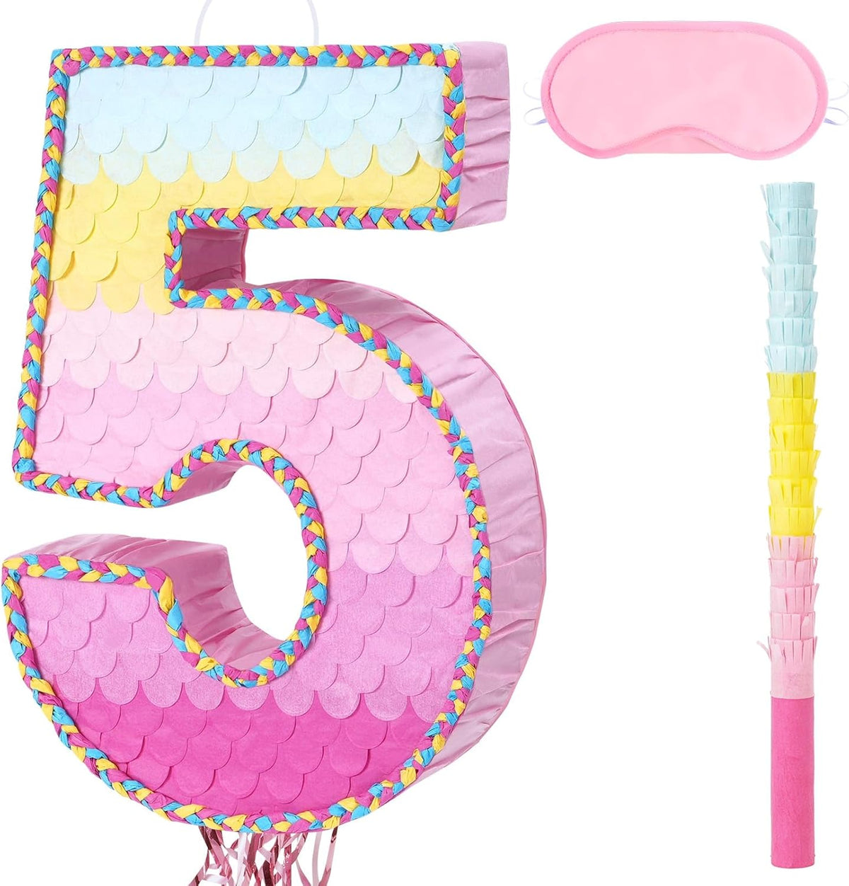 WERNNSAI Pink Sweet Five Pinata - Number 5 Pinata Happy Birthday Decoration Pink Rainbow Design