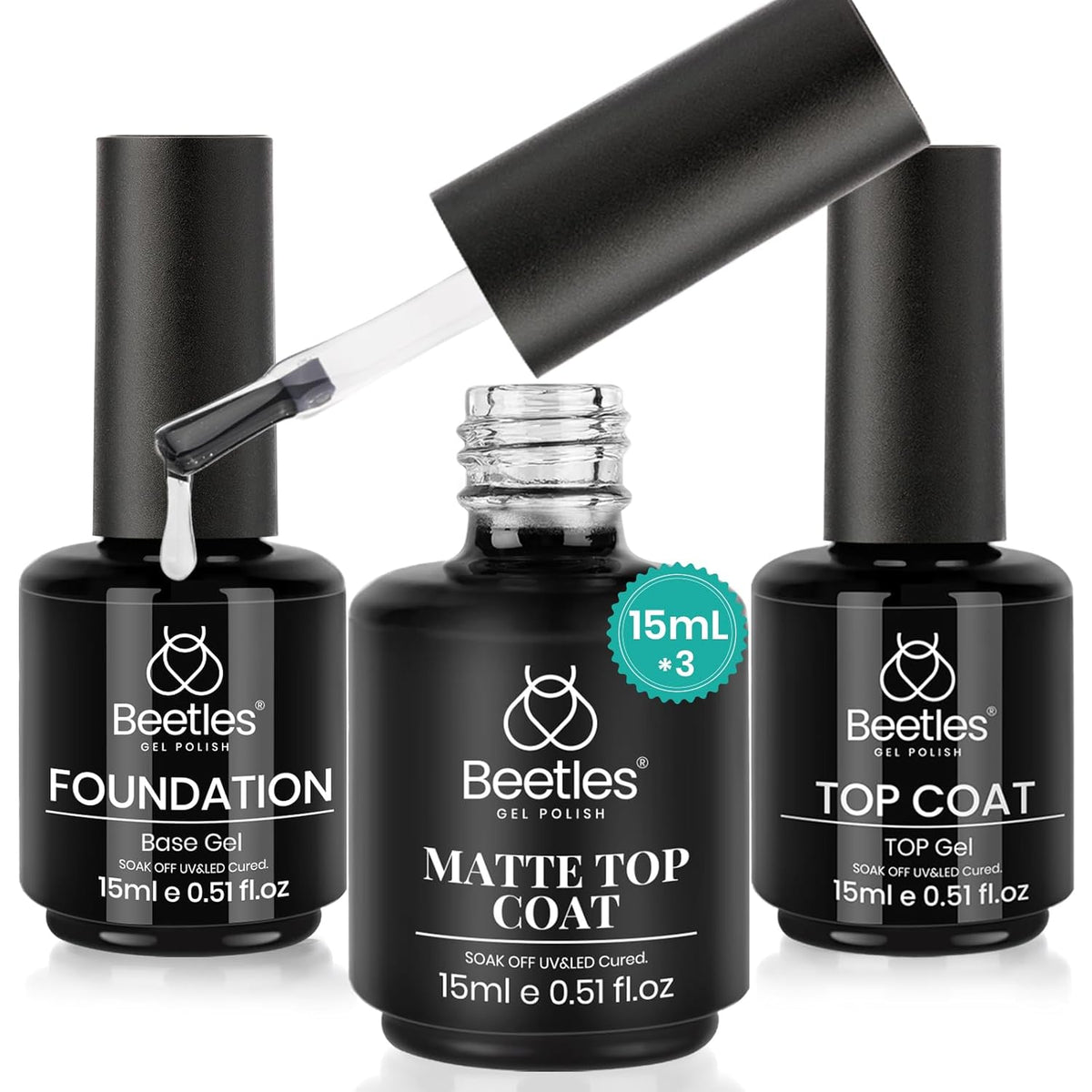 Beetles Matte Gel Top Coat No Wipe Top Coat Gel Nail Polish & Base Coat Set, 3Pcs 15ml Nail Polish