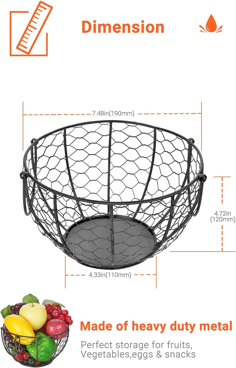 Round Wire Basket Black Fruit Basket Bowl Fruit Holder for Kitchen with Handle Black Home Storage