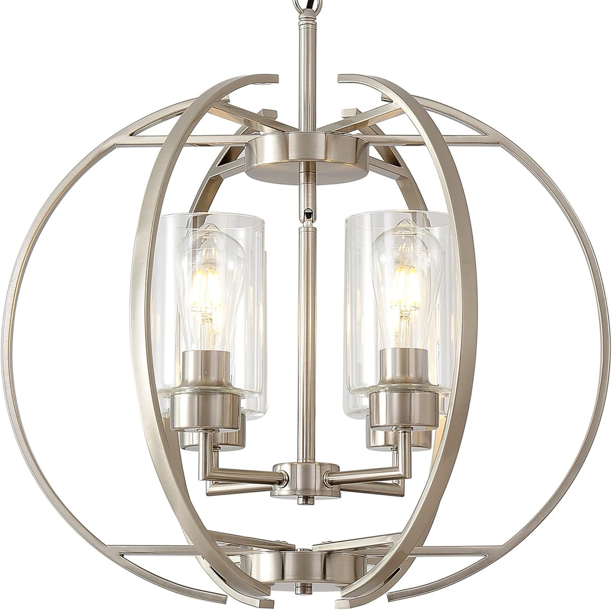 Large Lantern Globe Brushed Nickel Chandelier Lighting, Adjustable Hanging Ceiling Pendant 4 Light