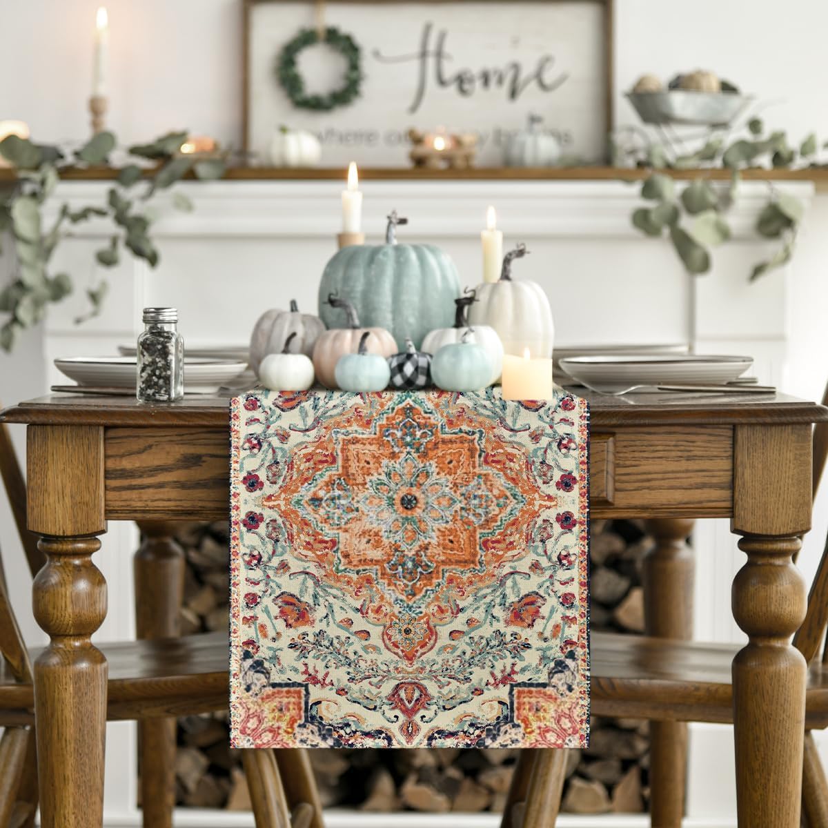 Artoid Mode Boho Bohemia Style Orange Table Runner, Country Rustic Farmhouse Magical Fall Kitchen