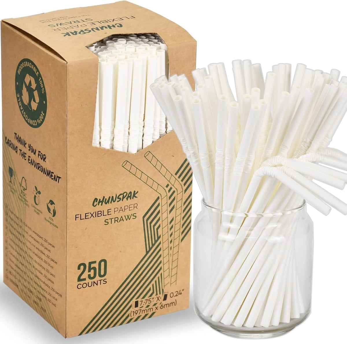 Bendable Paper Straws for Drinking, White, 7 3/4 inches, 250 Count - Great for Kids, Elderly, Home