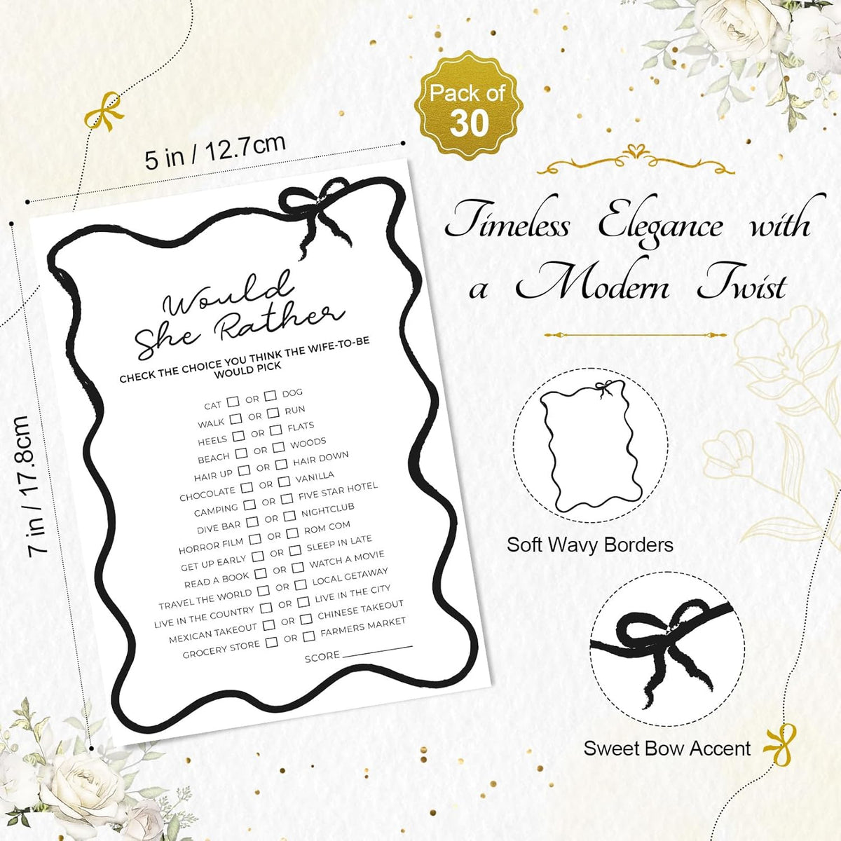 DEEKA 30 PCS Bridal Shower Games Card for 30 Guests Black Wavy Border Ribbon Bow Funny Wedding