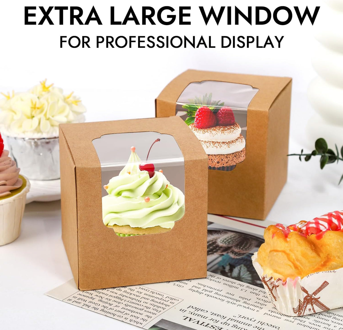 JCD 120pcs Cupcake Boxes, 3.5inches Individual Pre-Assembled Kraft Brown Cupcake Boxes with Window