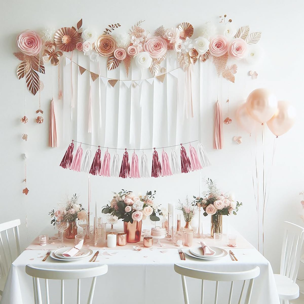 Rose-Gold Pink White Party Decorations - 15Pcs Tissue Paper Tassel Garland Birthday Decorations