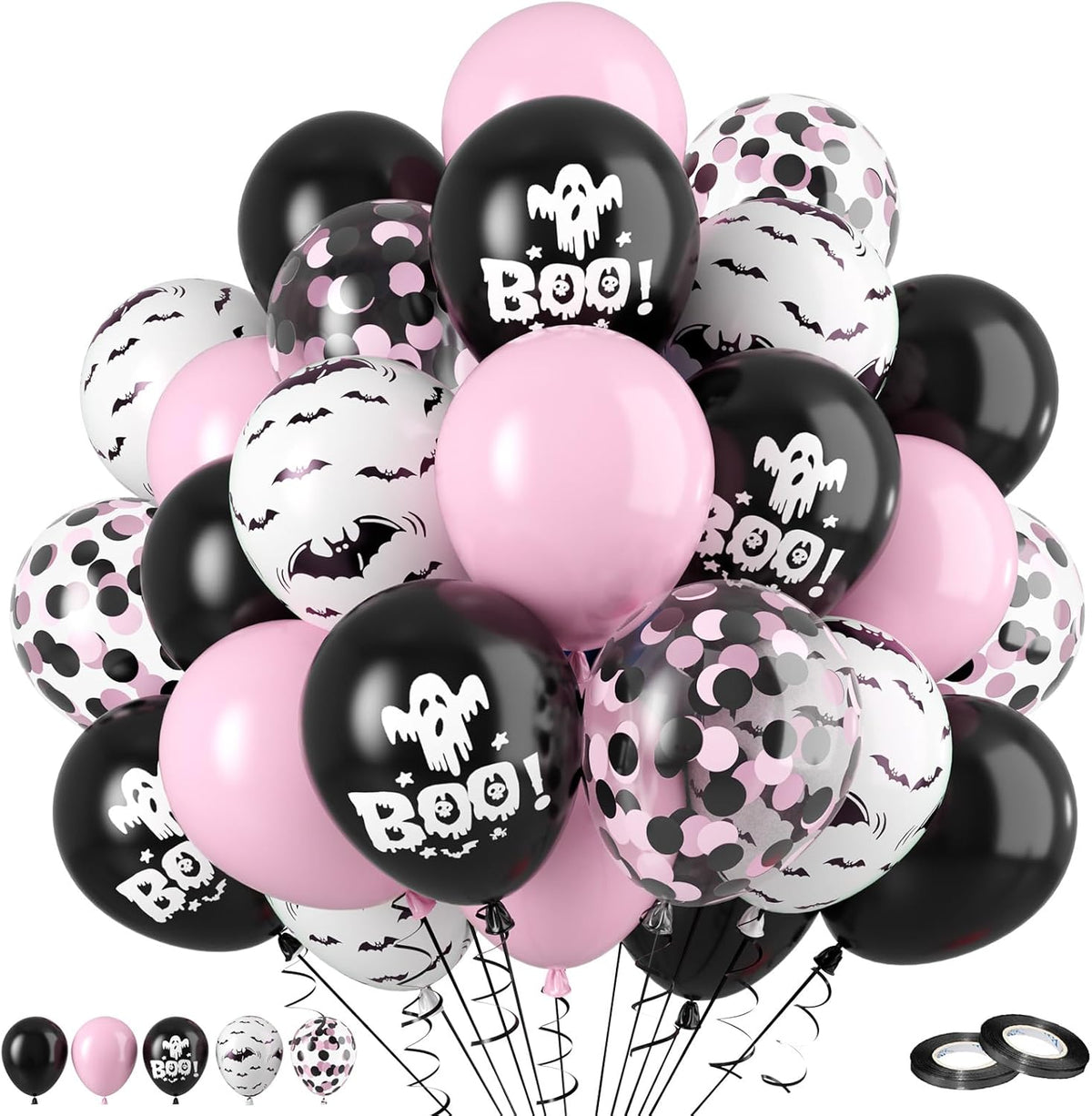FunHot Halloween Party Balloons, 60Pcs Pink Black Halloween Balloon, 12 Inch Black Pink Confetti