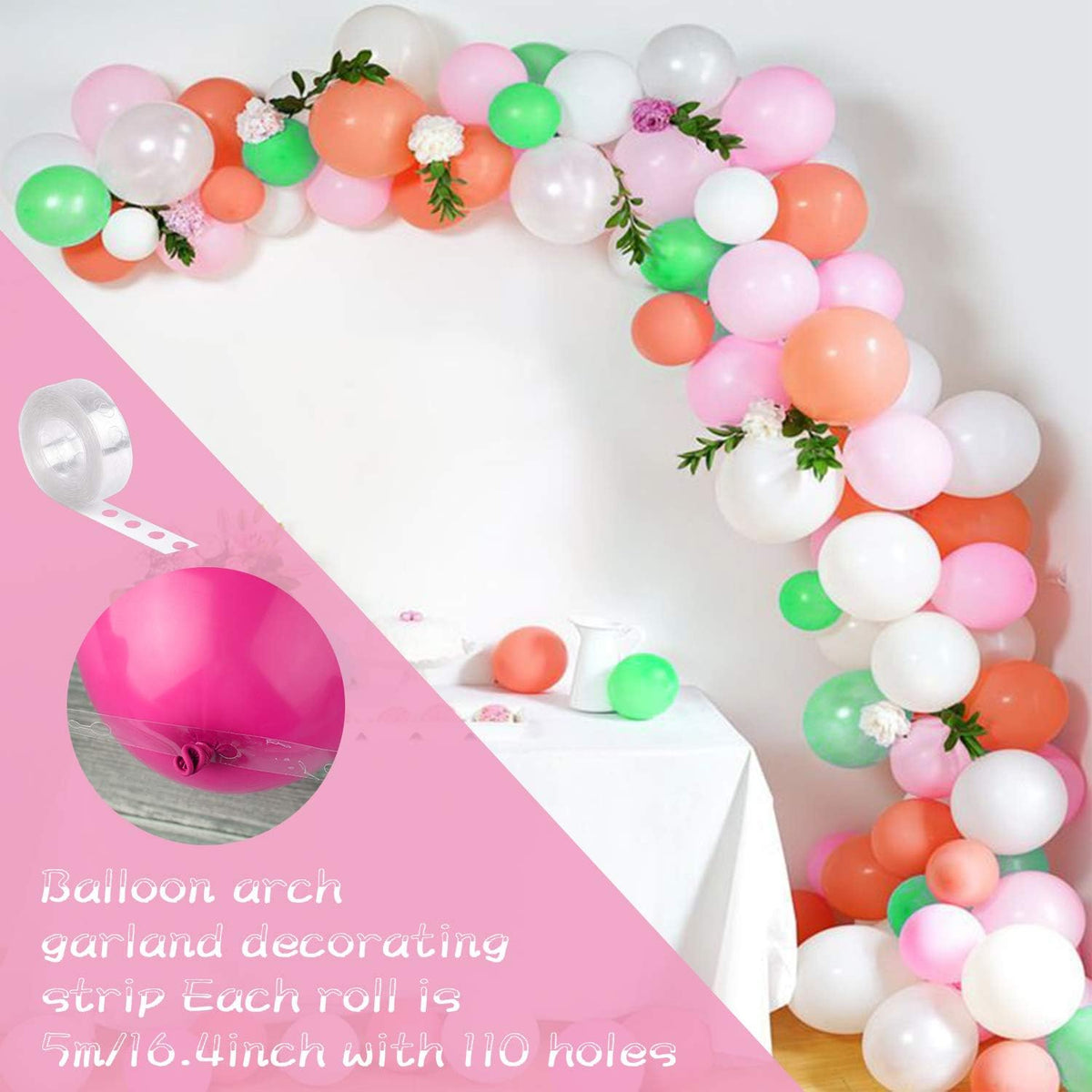 FEPITO 124Pcs Tropical Balloons Garland Kit - Pink Green Balloon Arch With Palm Leaves, Tape Strip
