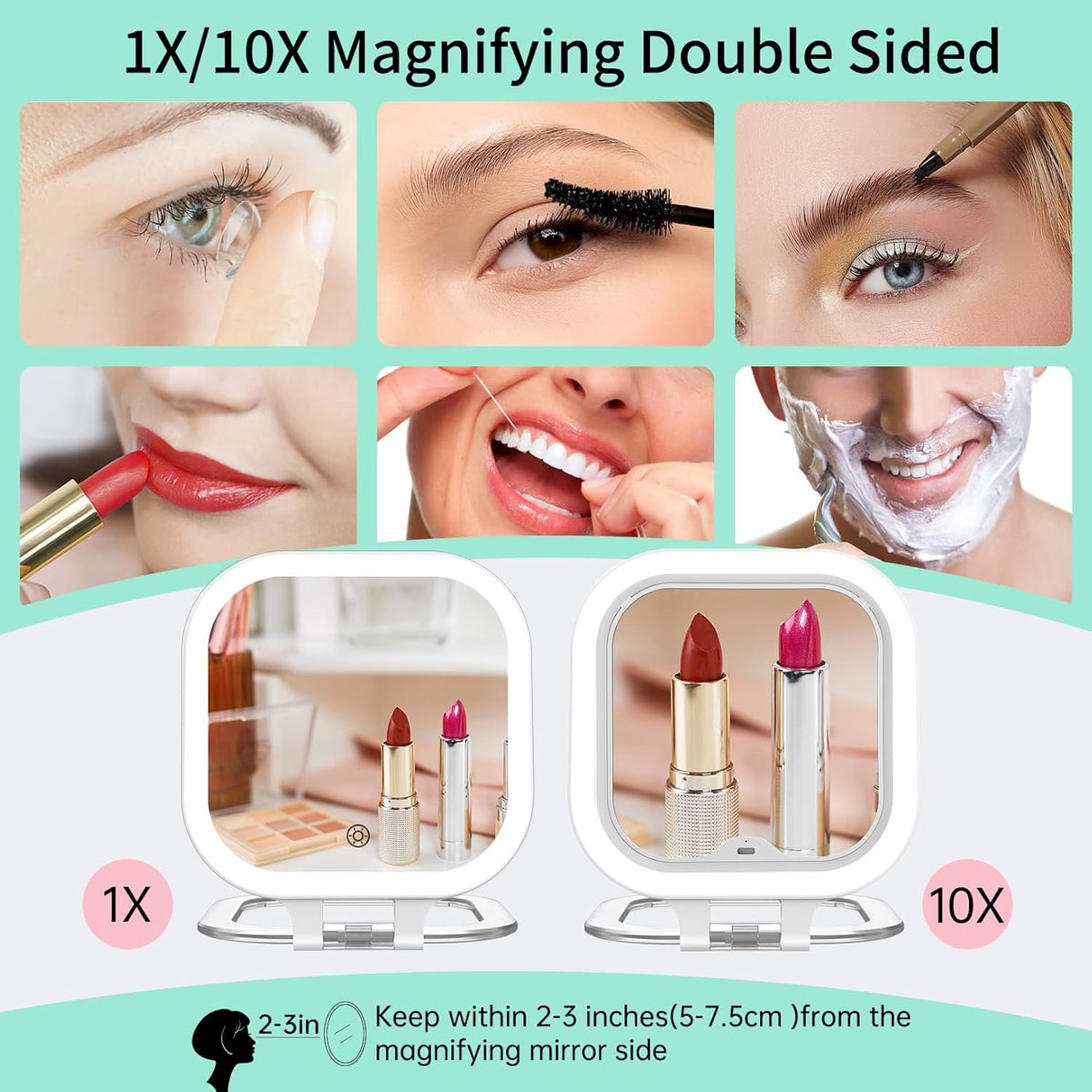FASCINATE 10X Magnification Rechargeable Travel Makeup Mirror, Lighted Portable Vanity Mirror with