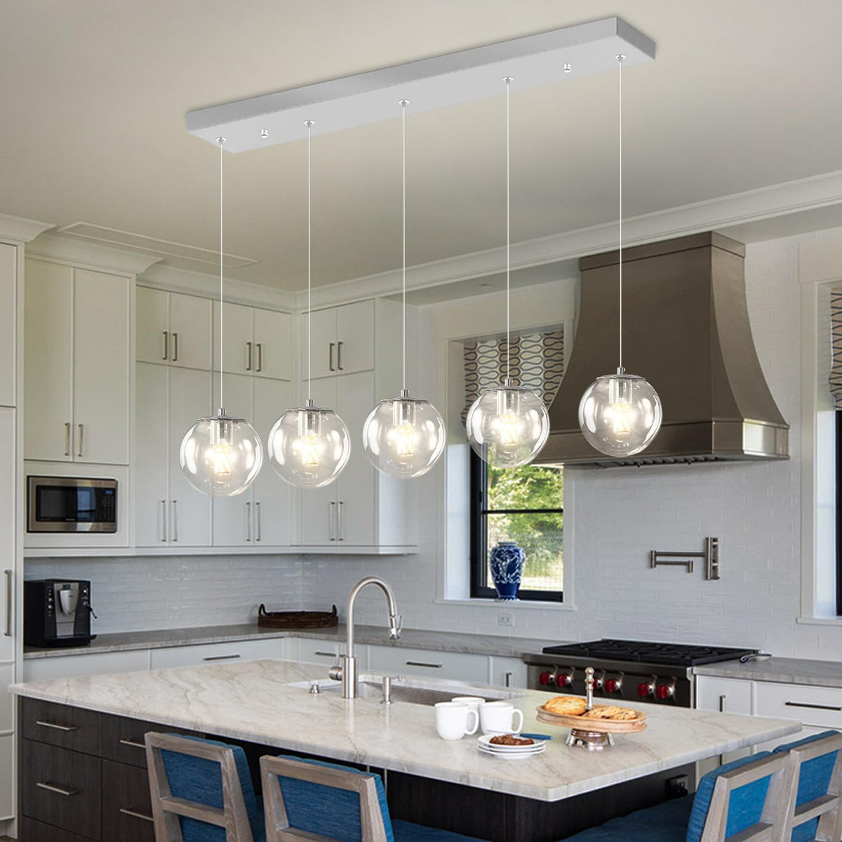 5-Lights Modern Rectangle Chandelier Globe Pendant Light,Chrome Linear Globe Chandeliers for Dining