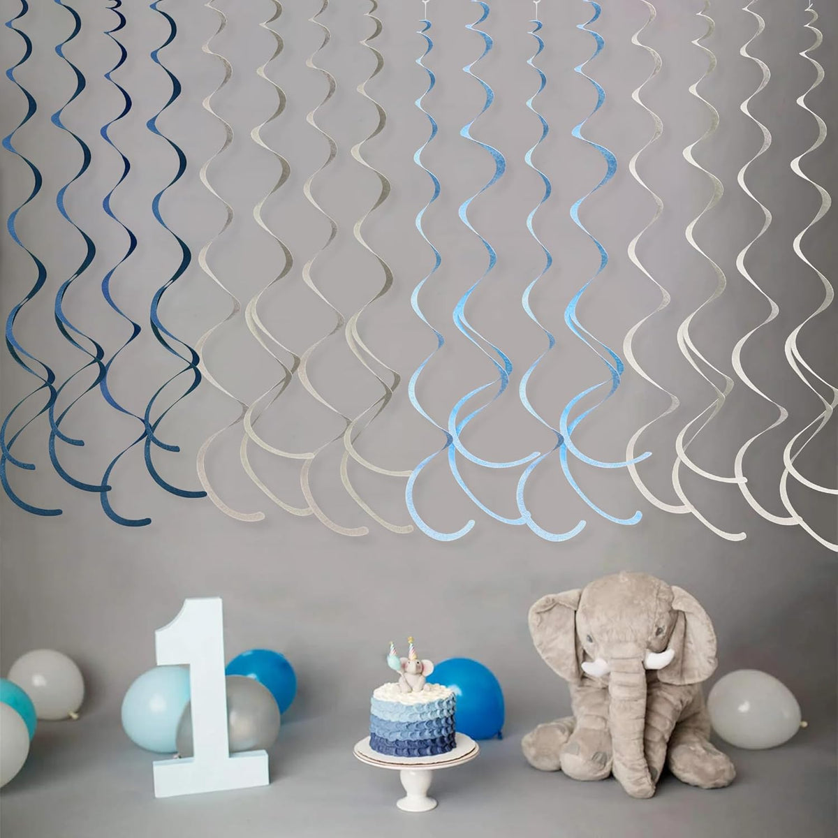 36 Pcs Dusty Blue Gray Hanging Swirl Decorations Navy Blue Grey Felt Swirl Streamer Spiral Ceiling