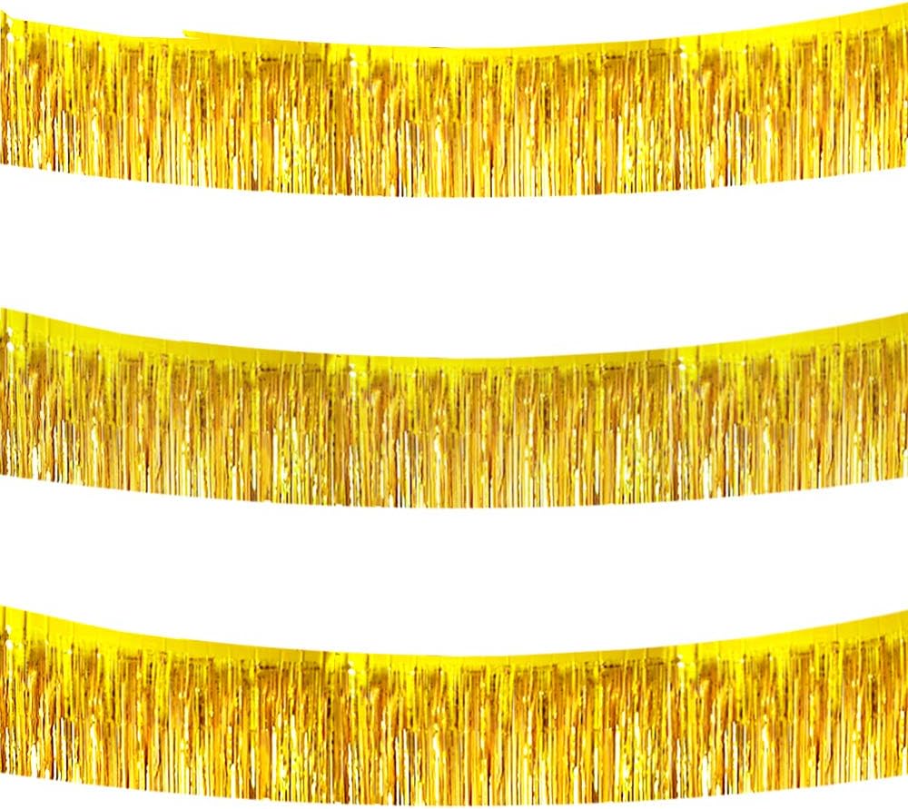 BEISHIDA 3 Packs 30 Feet Metallic Foil Fringe Garland Tinsel Streamers，Shiny Gold Wall Hanging