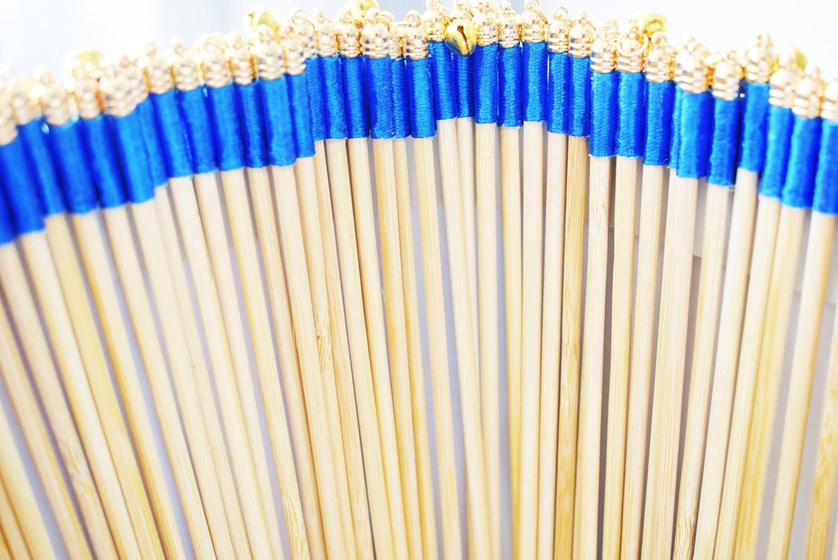 100 Pack Blue Lace Wedding Ribbon Wands Streamers with Bells Silk Fairy Wands Sticks Wedding Exit
