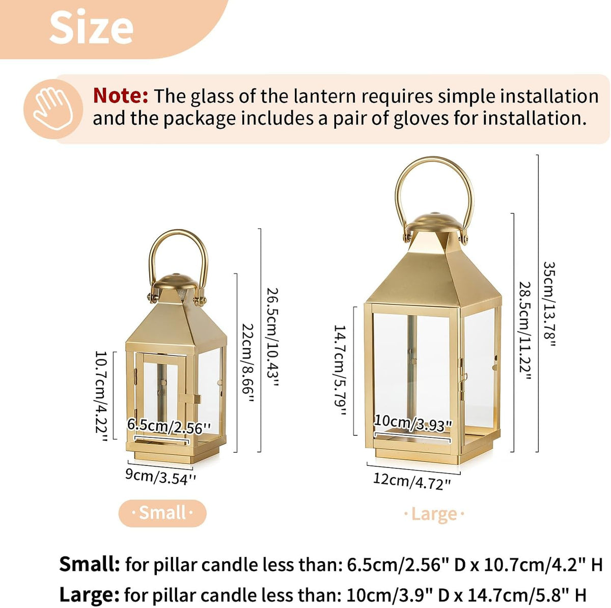 NUPTIO Gold Lanterns Decorative Indoor: 8.6 Inch Tall Metal Lantern with Glass for Pillar Candle