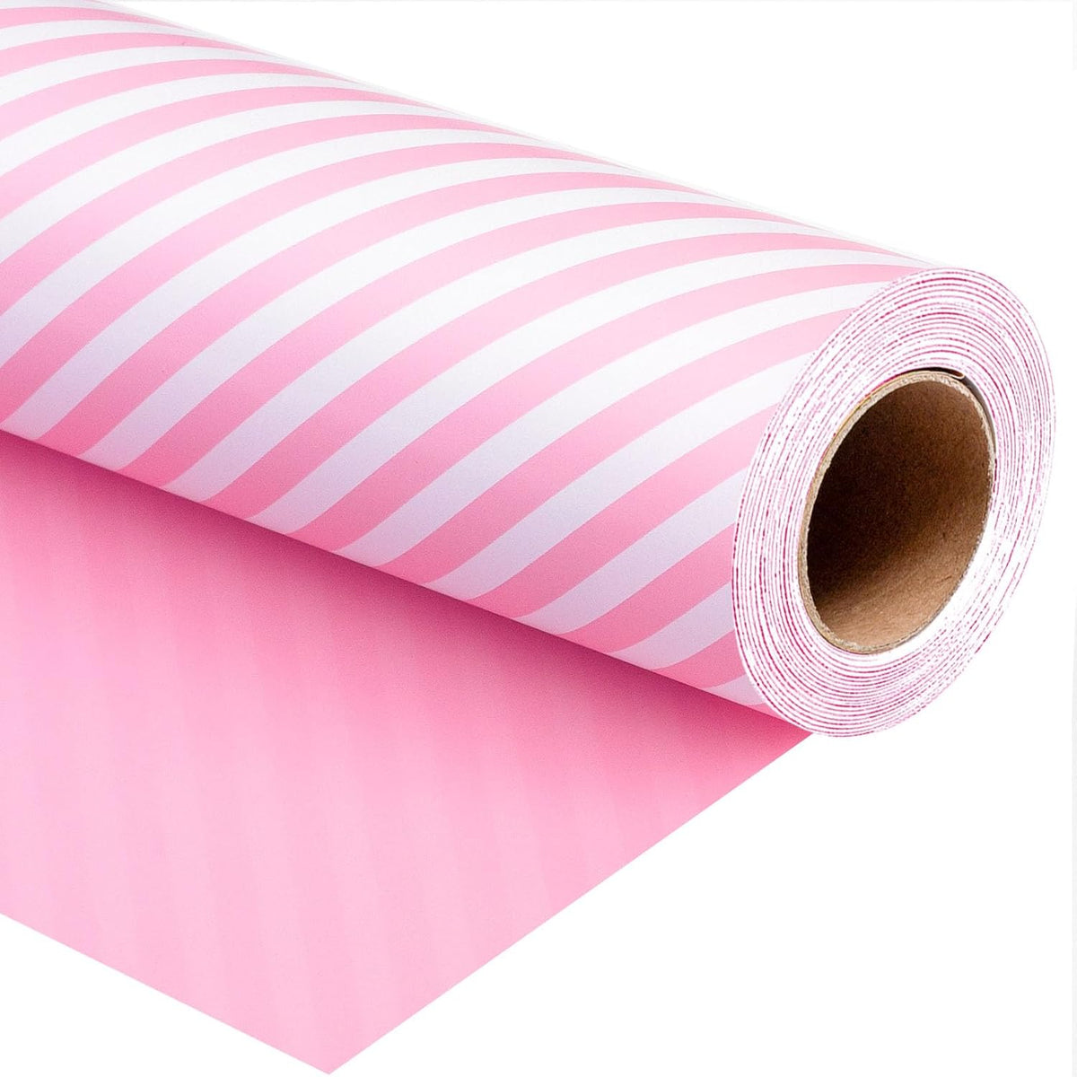Burymento Pink and White Stripes Wrapping Paper, Reversible Pink Gift Wrap for Birthday