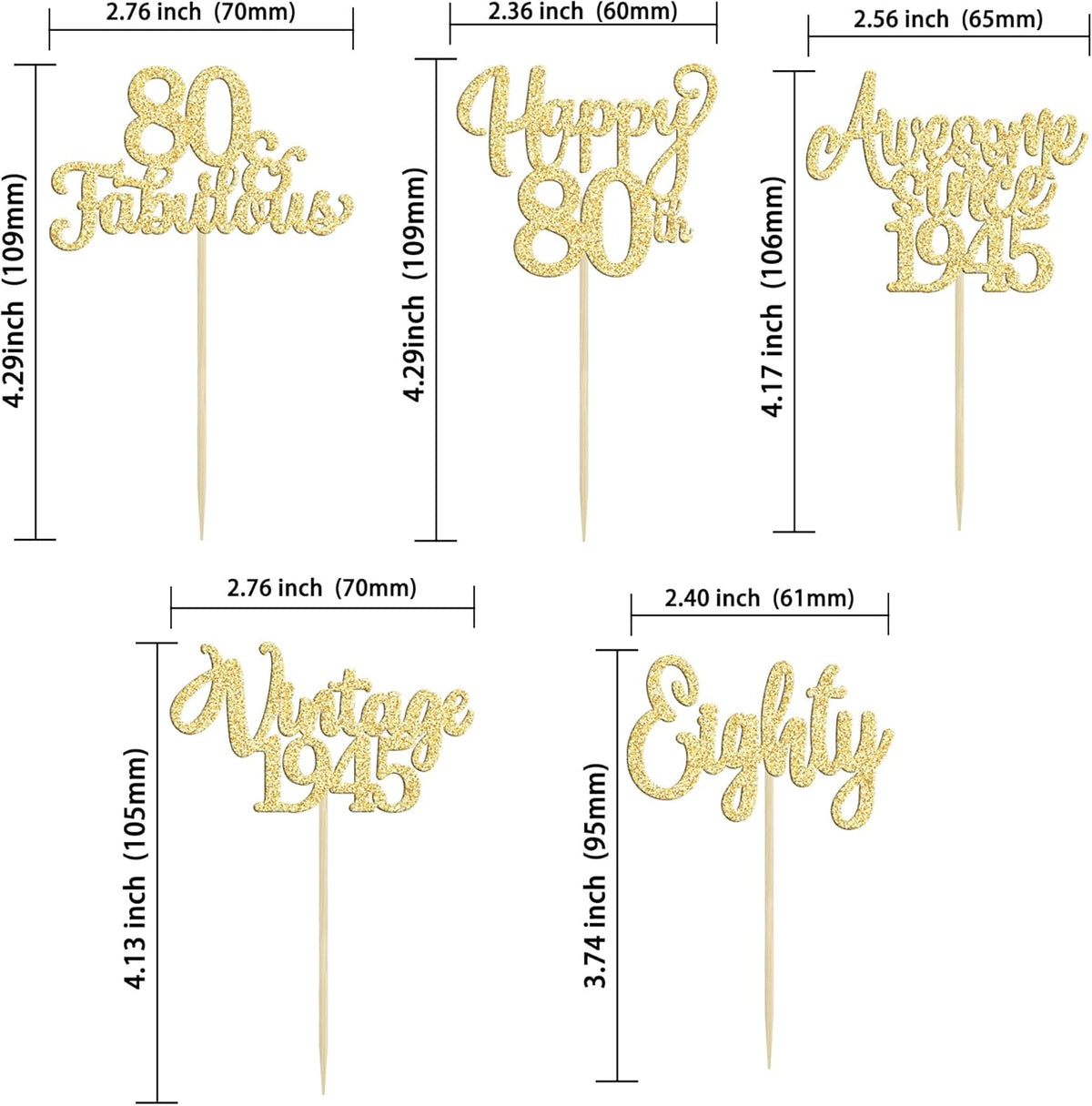 30Pcs Vintage 1945 Cupcake Toppers Glitter Eighty Happy 80th Birthday 80 Fabulous Cupcake Picks