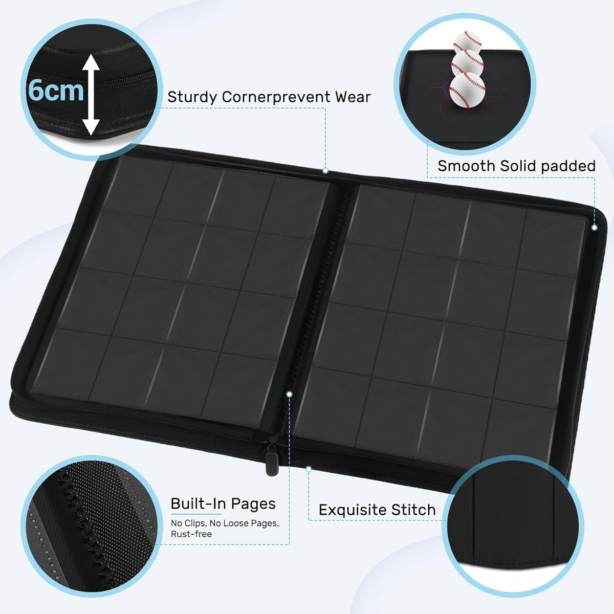 1000+ Pockets Trading Card Binder, 16 Pockets Zipper Binder Card Album, 32 Pack Double-sided Side