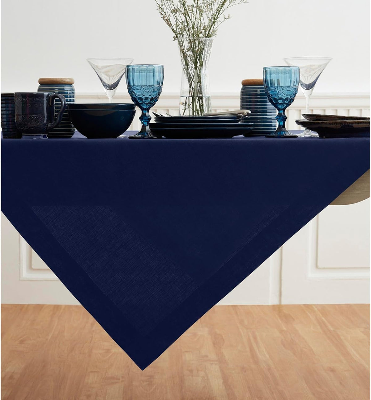 Solino Home Navy Blue Linen Tablecloth 52 x 52 Inch - 100% Pure Linen Square Table Throw - Fete