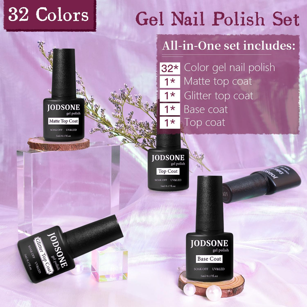 JODSONE Gel Nail Polish Starter Set Ribbon Glitter Summer Light Winter Dark Glossy 36-Piece