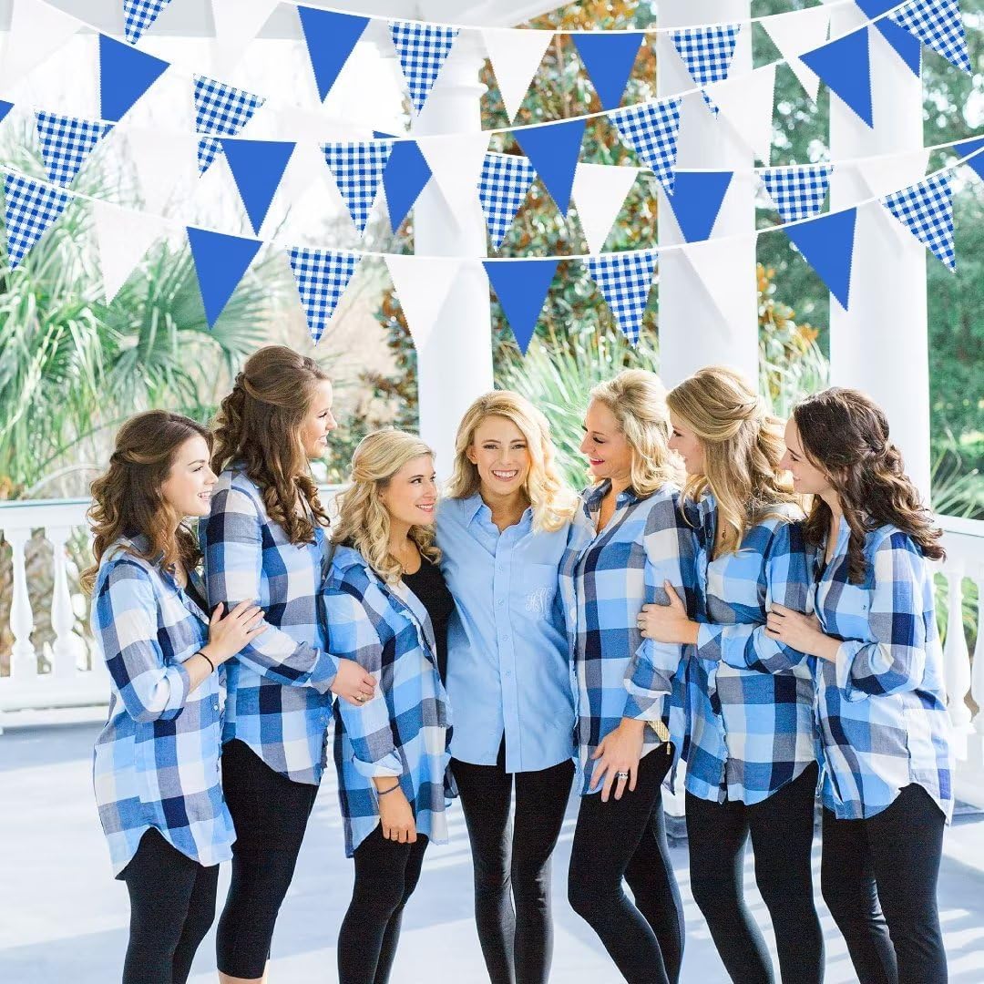 32Ft Deep Blue Party Decorations Blue Buffalo Plaid Checkered White Triangle Flag Gingham Pennant