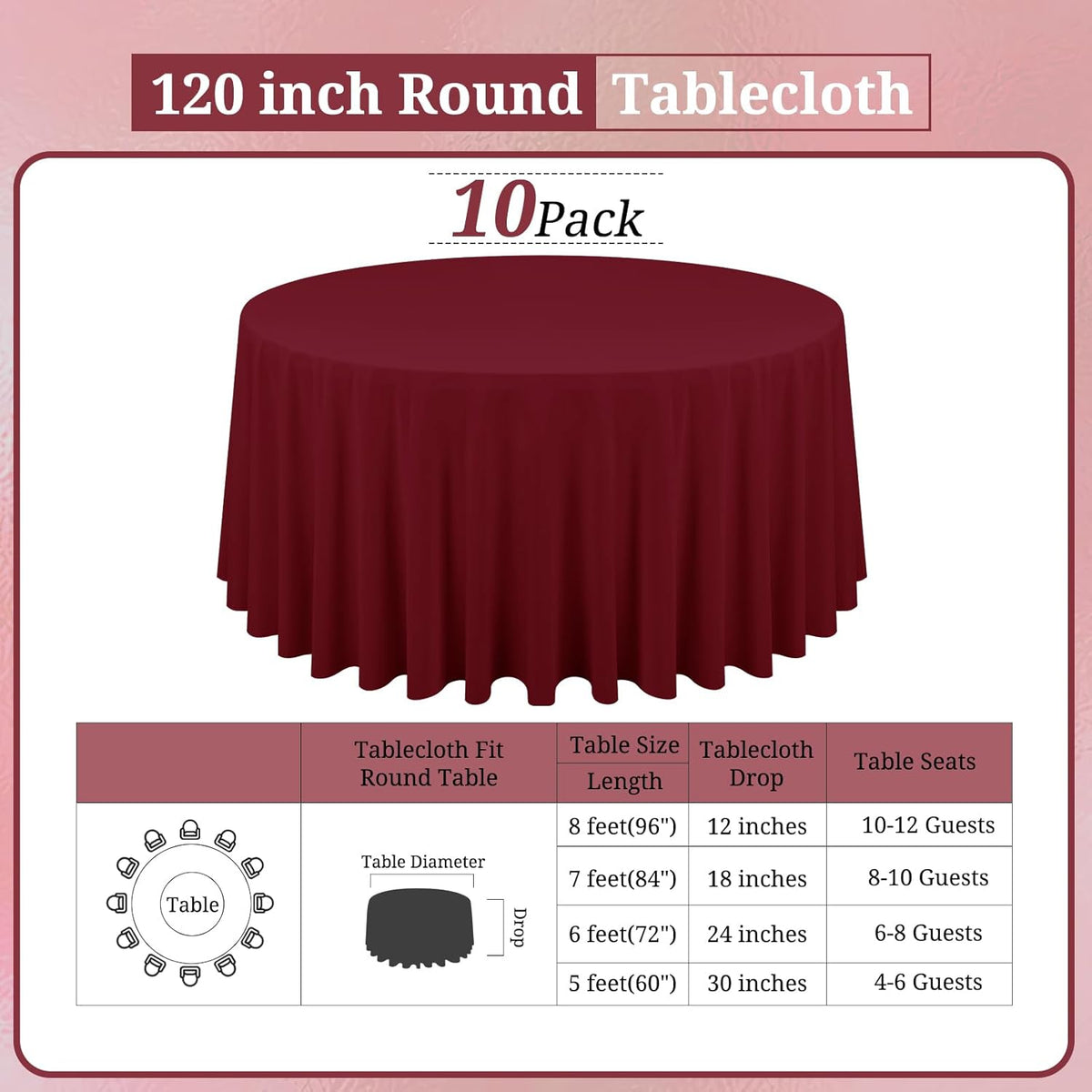 10 Pack Burgundy Round Tablecloths - 120 Inch, Polyester Table Cover for Round Table, Stain and