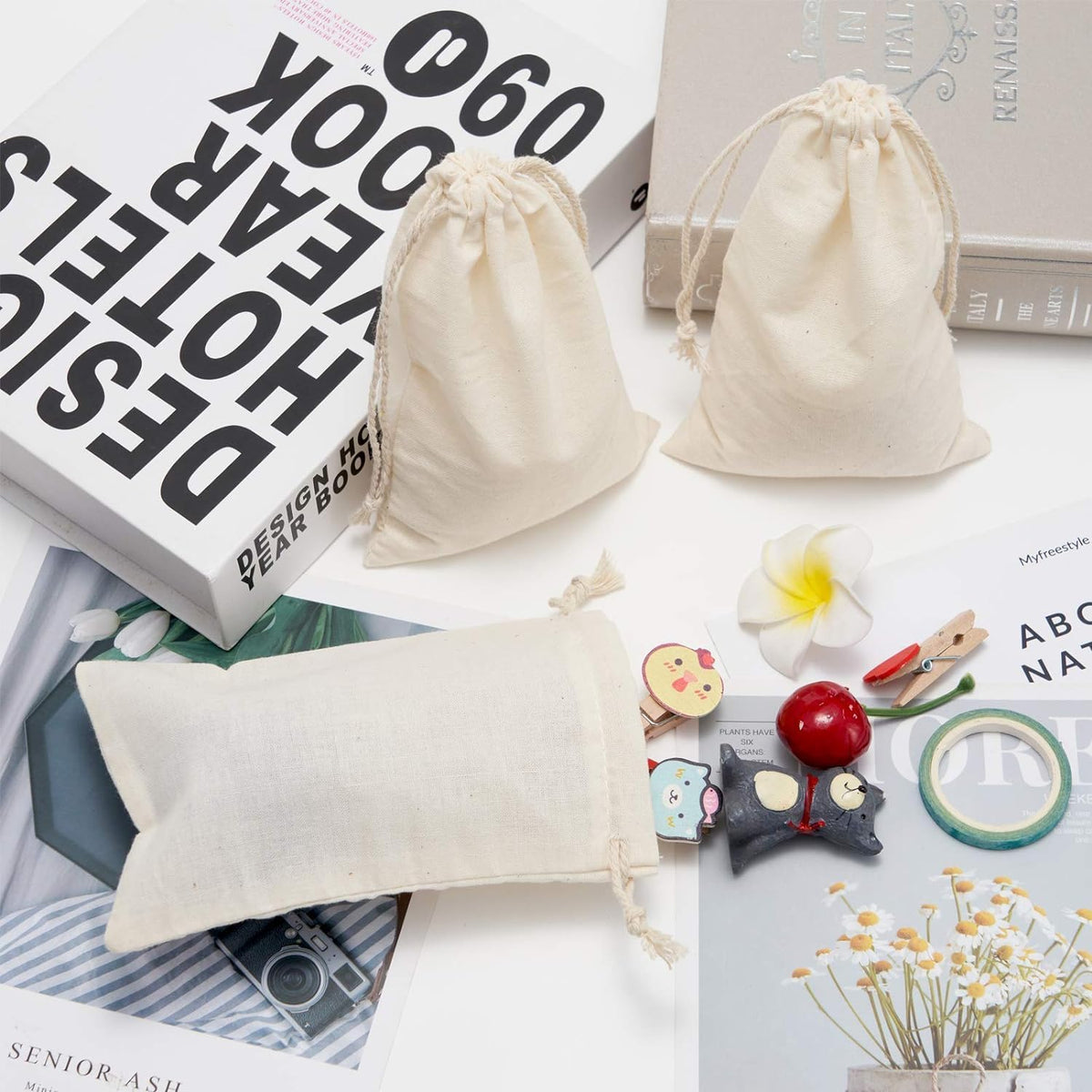 gobyhumm 50 Pieces Pure Cotton Drawstring Bags Muslin Bags Sachet Bag for Home Supplies （5 * 7"）
