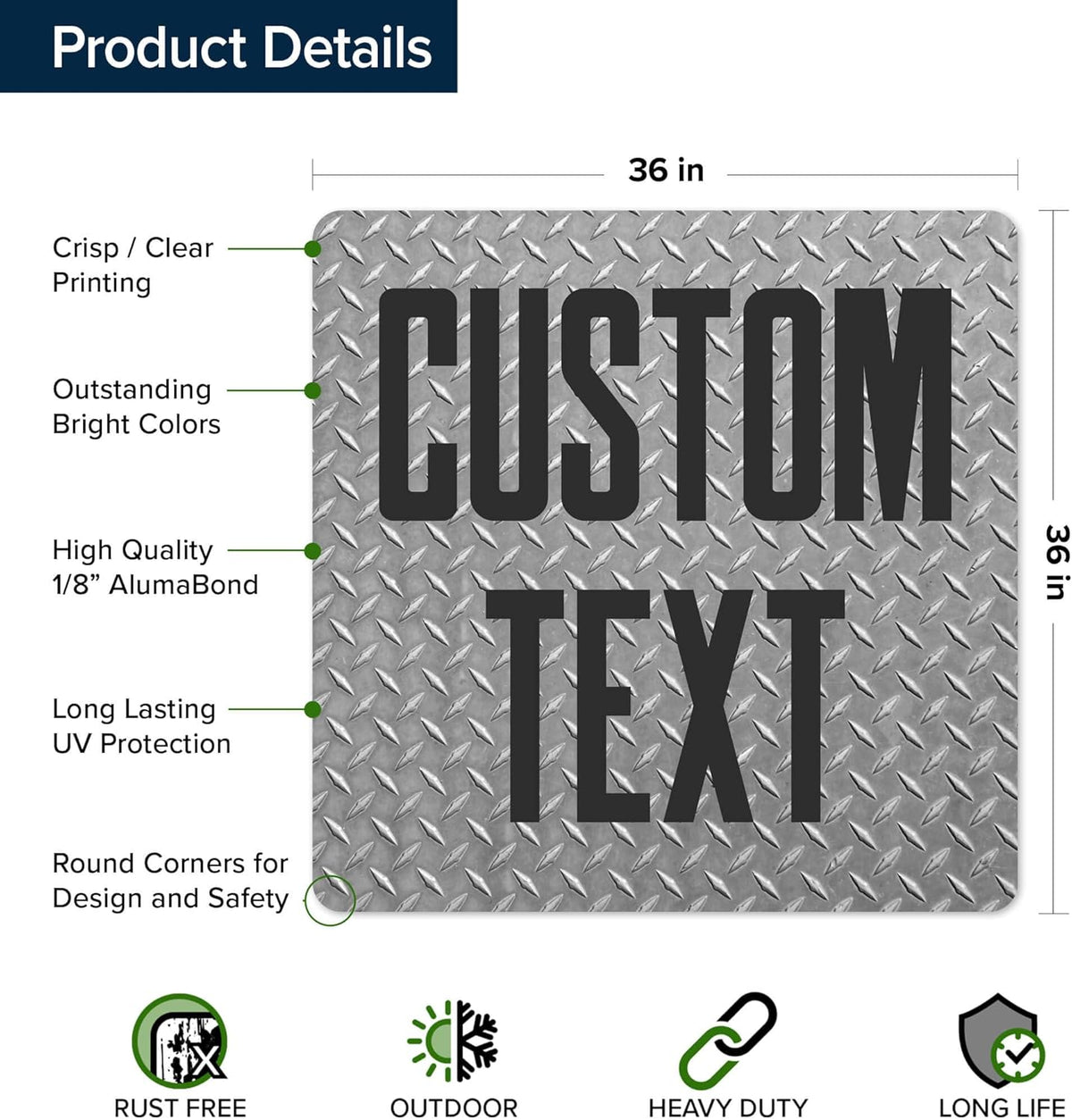 Custom Sign, Custom Street Sign, 11 Font Colors, 13 Font Styles, 4 Hole Options, 22 Sizes, 36x36