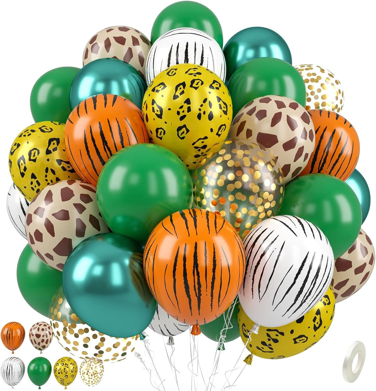 Jungle Safari Balloons, 50 Pcs Animal Print Balloons, 12 Inch Dark Metallic Green Gold Confetti