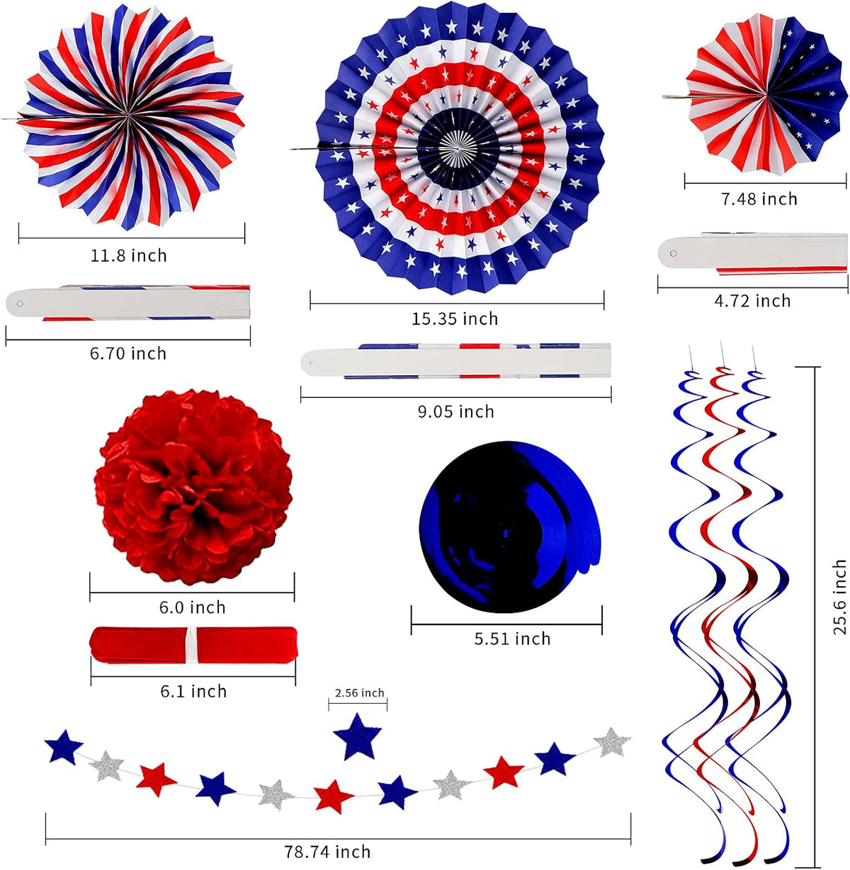 26Pcs 4th of July Decorations Patriotic Decor USA Flag String Red White Blue Paper Fans Star