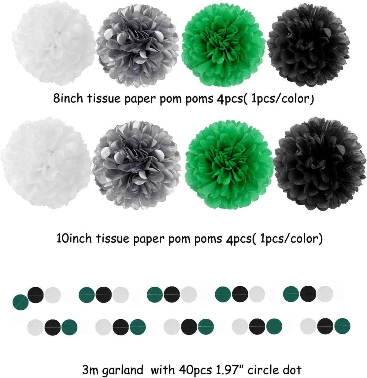 Black Green Silver Football Party-Decorations - 30pcs Soccer Graduation Streamers,Tissue Pom