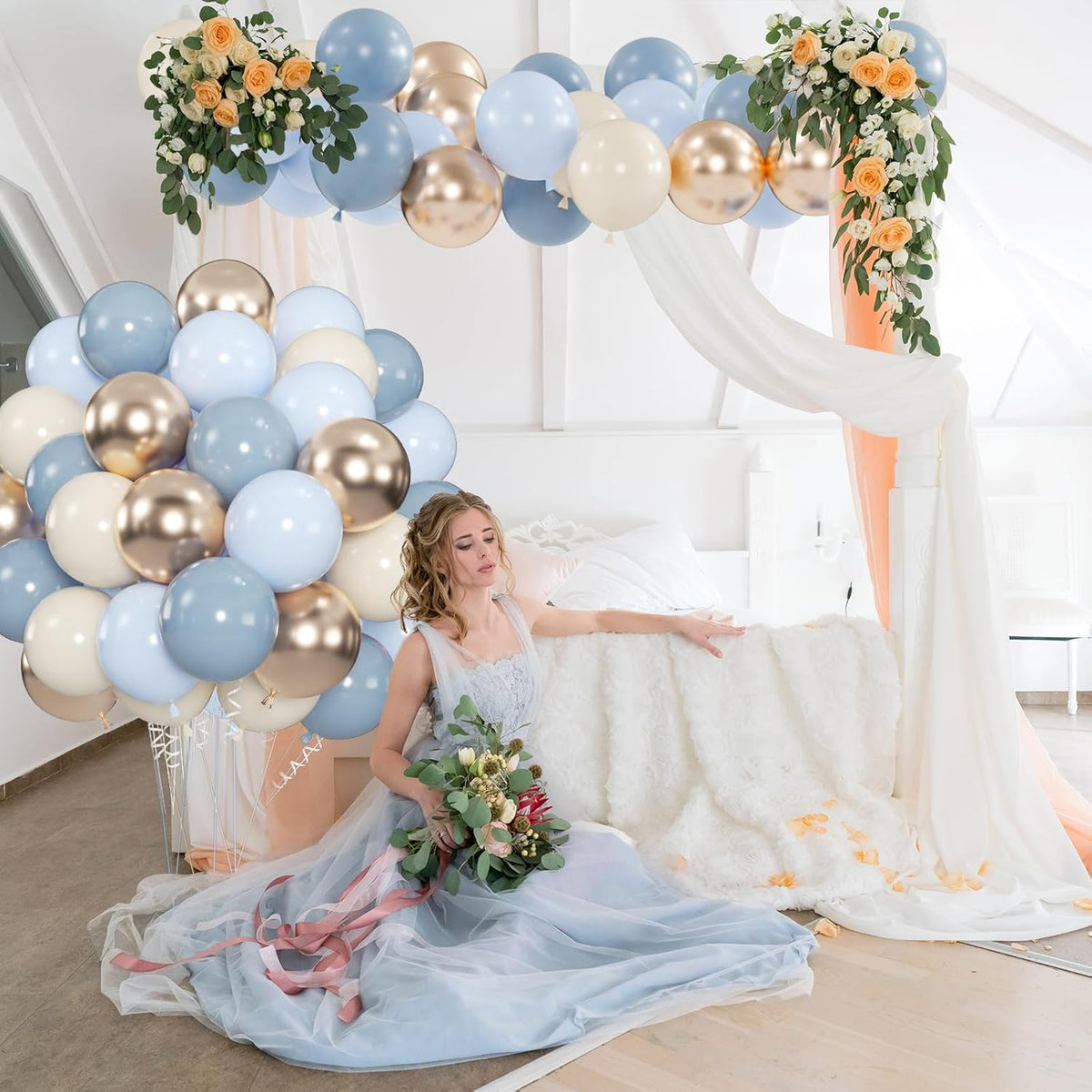 100pcs Dusty Blue and Gold Balloons, 12 Inch Haze Blue Sand White & Metallic Champagne Gold