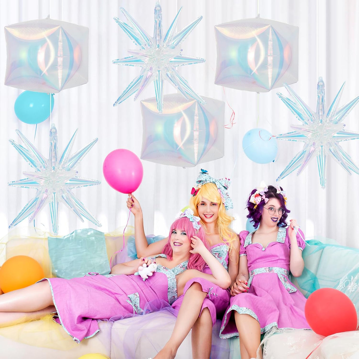 6Pcs Iridescent Foil Balloons, 22in Square Foil Balloons and Explosion Star Iridescent Balloon