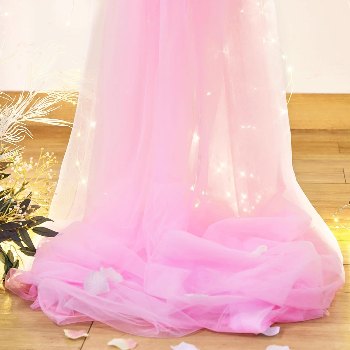 Pink Backdrop Curtains with Lights String for Baby Shower Girl Parties Sheer Tulle Backdrop Curtain
