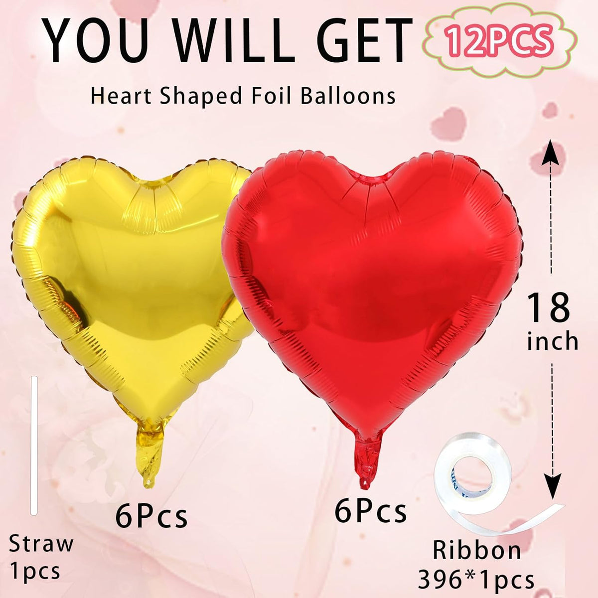 Gold-Red Heart Balloons,18inch Gold Heart Shaped Foil Balloons & Red Foil Balloon for Anniversary