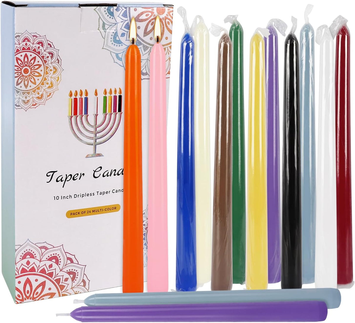 24 Pack 10" Tall Colored Taper Candles, Dripless Unscented Colorful Candlesticks for Birthdays