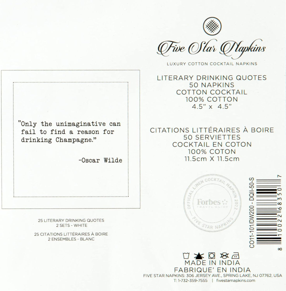 Five Star Napkins Literary Bar Quotes White Cotton Cocktail Napkins, Beverage Napkins, Bar Napkins