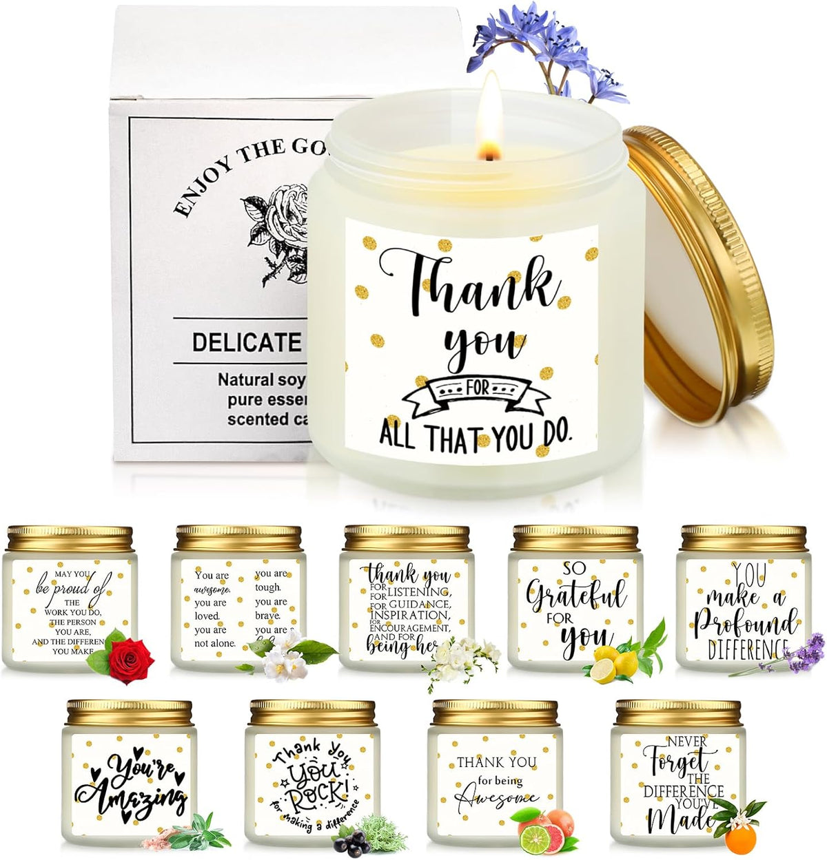 Roowest 10 Jars Thank You Gift Candles 3.5 oz Employee Appreciation Gifts Bulk Soy Wax Jar