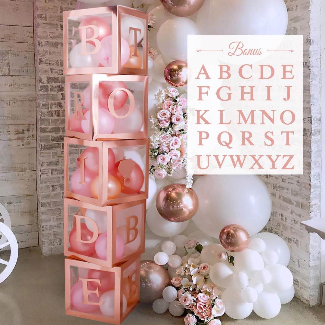 96 PC Bridal Shower Decorations Balloon Boxes Rose Gold - Transparent Block with BRIDE TO BE +