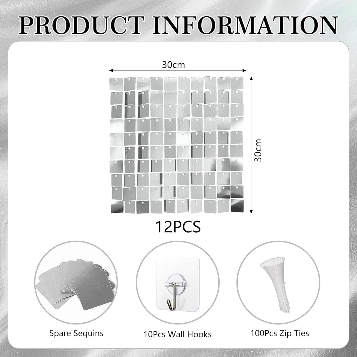 12PCS Silver Shimmer Wall Backdrop, Square Sequin Photo Backdrops Panel, Glitter Wall Background